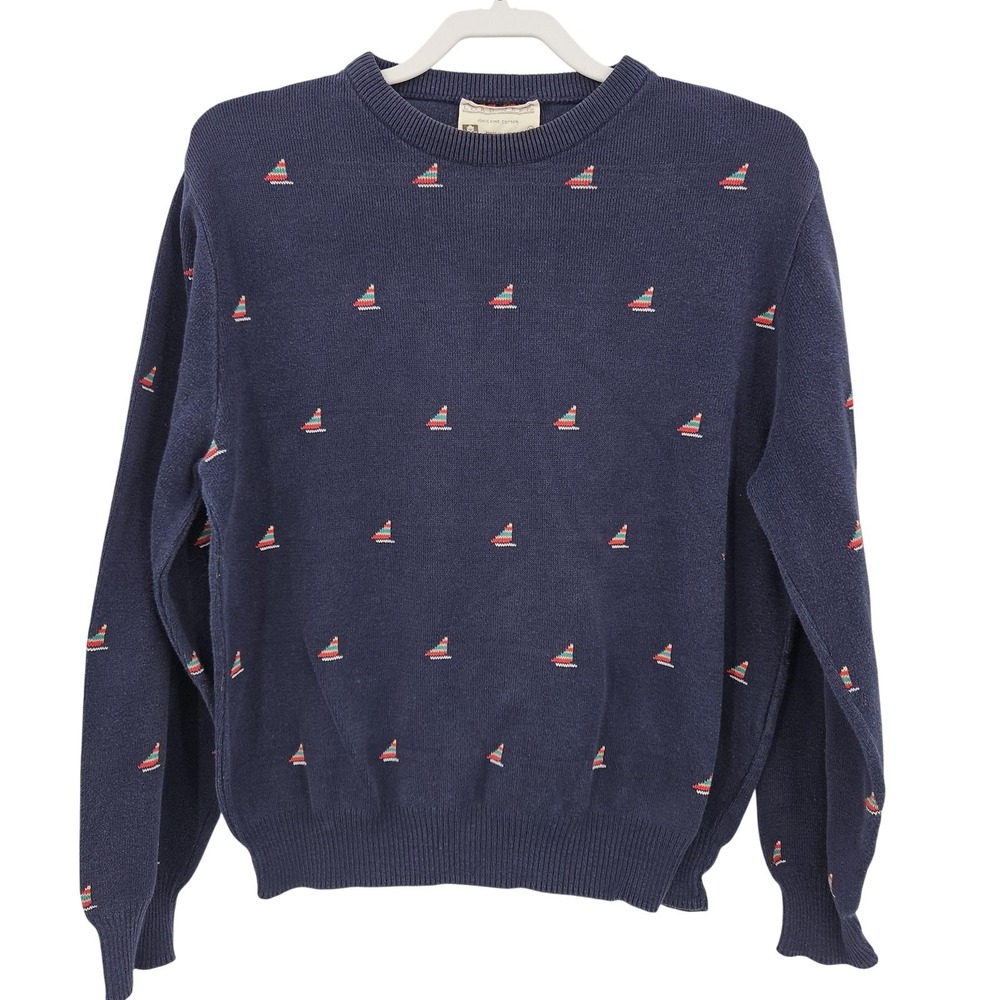 VTG Lord Jeff Sweater Men M Navy Fine Cotton Knit Sailboat USA 90s Nautical‎